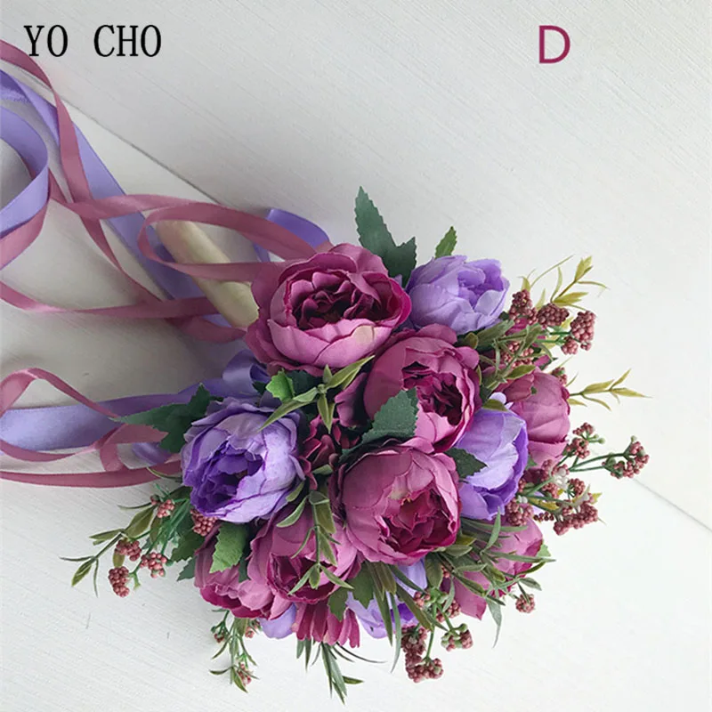 A-purple YO CHO Свадебный букет невесты, букет невесты, свадебные принадлежности, искусственный шелк, роза, пион, розовый цветок, украшение стола - Цвет: A-purple