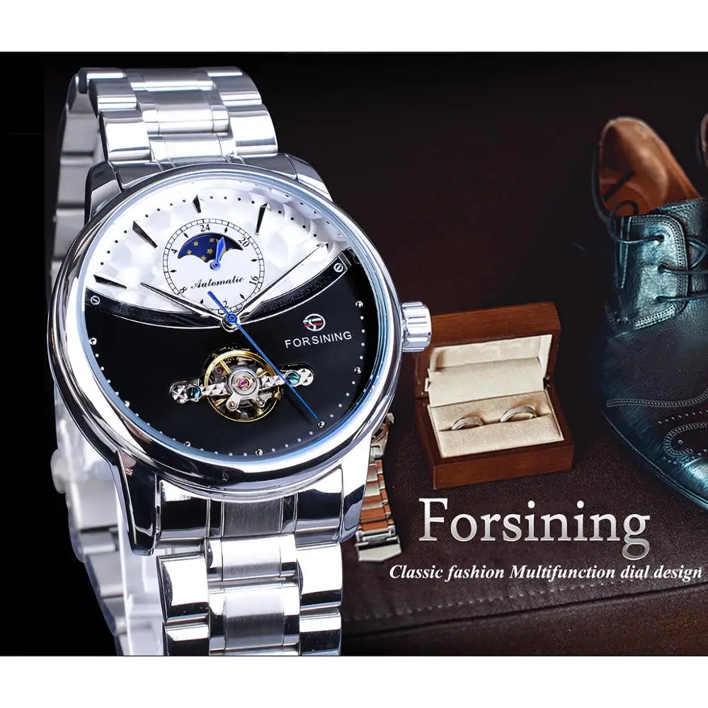 Forsining деловые мужские автоматические часы Moonphase часы Tourbillon водонепроницаемые механические Стальные наручные часы Relogio Masculino