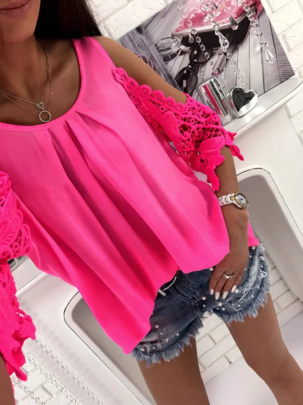 Блузка женская с открытыми плечами кружевная рубашка рукавами-фонариками