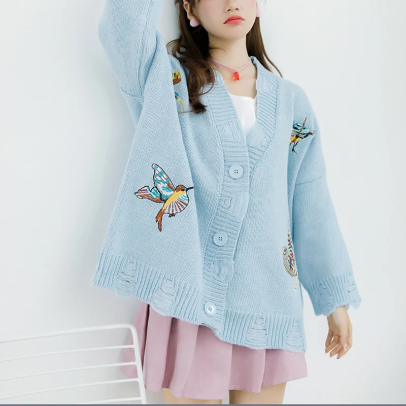 PERHAPS U Sweater Knitted Embroidery Bird Long Sleeve Yellow Beige Blue Single Breasted Cardigans V Neck Autumn New M0123 Hole |