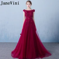 janevini 2018 burgundy long evening dress a line scoop neck lace appliques beaded tulle mother of the bride dresses sweep train