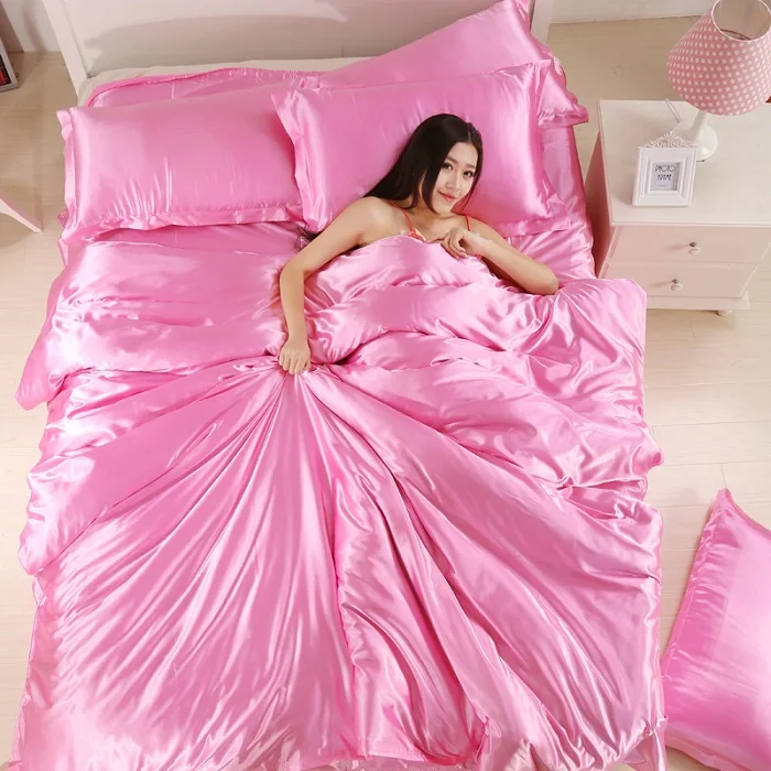 pink Роскошные Постельное белье атласные шелковые пододеяльник наволочка простыня Твин queen King Размеры комплекты постельного белья постельное белье плоский лист 3/4 шт - Цвет: pink