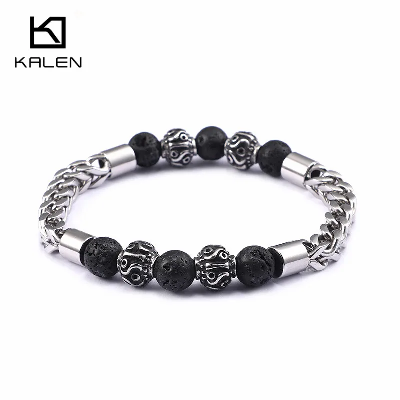 Мужские браслеты KALEN из нержавеющей стали с черными лавовыми бусинами|bracelets