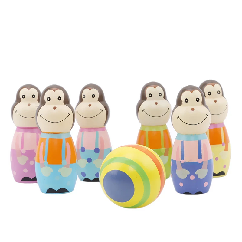 6PCS Monkey Wooden Figures Indoor Mini Toy Bowling Kids Ball Set Fun Development Game Educational Toys For Children Gift | Игрушки и