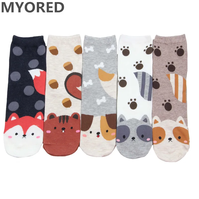 MYORED 5 пар женские Мультяшные хлопковые носки с принтом животных забавные