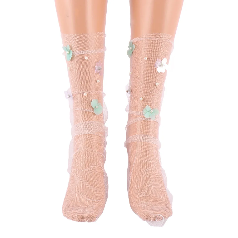 Women's Handmade Candy Colors Sequins Flowers Thin Socks Girl's Transparent Mesh Floral Pearl Gauze Hosiery |