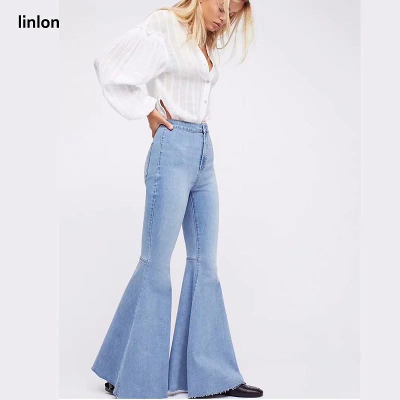 LINLON 2018 New Fashion Full-length Bell-Bottoms flare pants mid-waist light washed regular Spliced Trousers women jeans female |