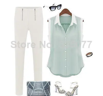 2014 New Women Girls Casual Button Down Sleeveless Chiffon Shirt Top Blouse Clothing Tee Tops Shirts Size M/L/XL/XXL TK17 |