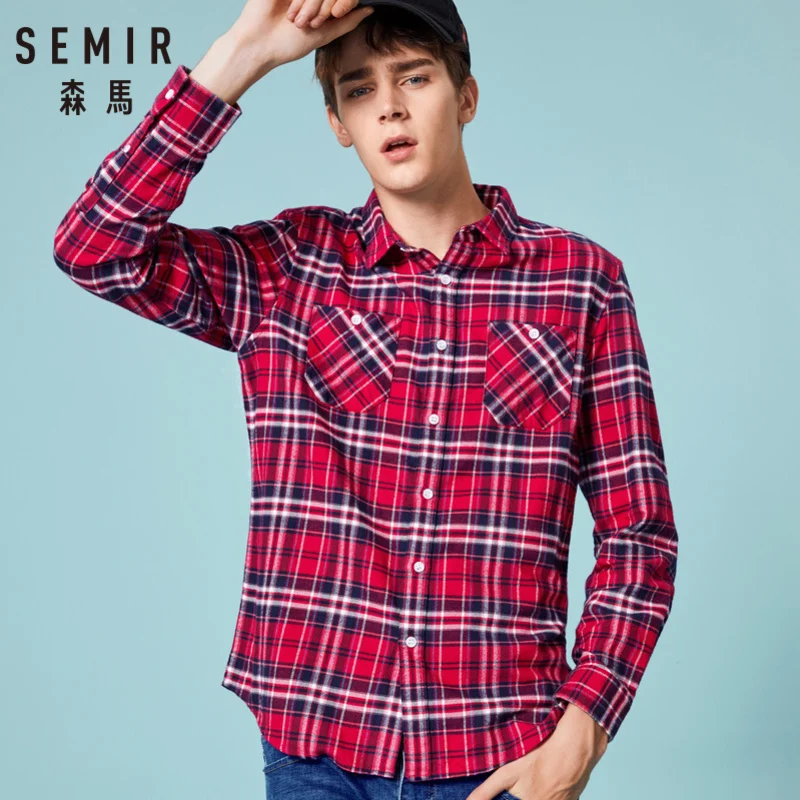 SEMIR Для мужчин 100% хлопковые обычной посадки фланелевая клетчатая рубашка с