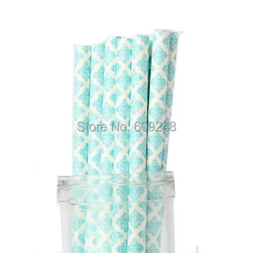 

100pcs Pick Your Colors TEAL TURQUOISE Damask Paper Straws Party,Aqua Compostable Mason Jar Straw,Cake Pop,Cupcake Topper Sticks