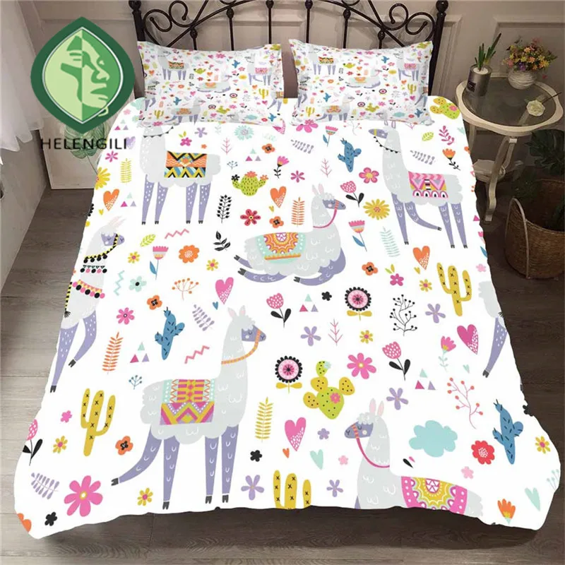 

HELENGILI 3D Bedding Set Cartoon Alpaca Print Duvet Cover Set Bedclothes with Pillowcase Bed Set Home Textiles #YT-04