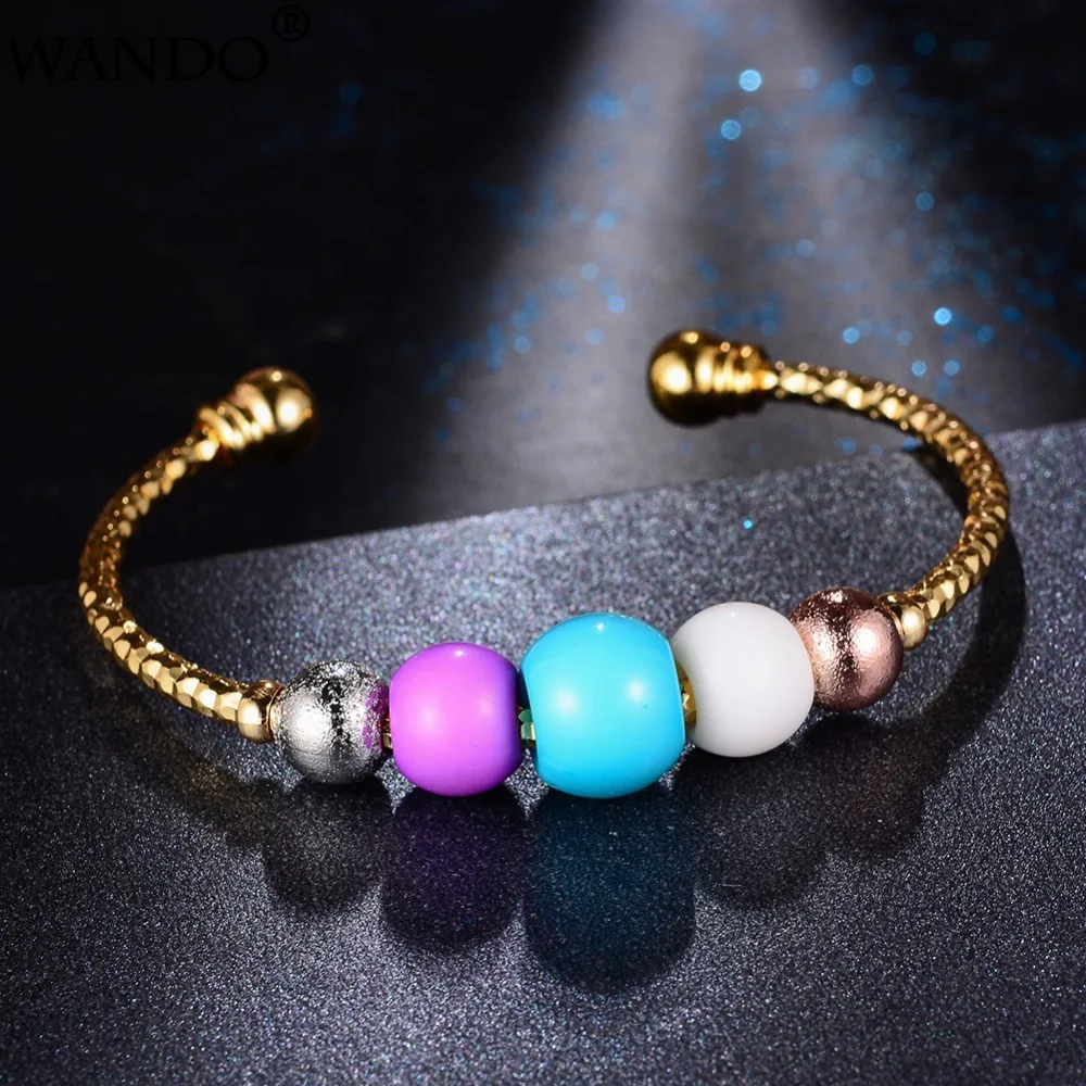 

Wando 1pcs Baby Bangles Girls Lovely Gold Color Charm Beads Bracelet Three-color round beads Bracelet For Children jewelry