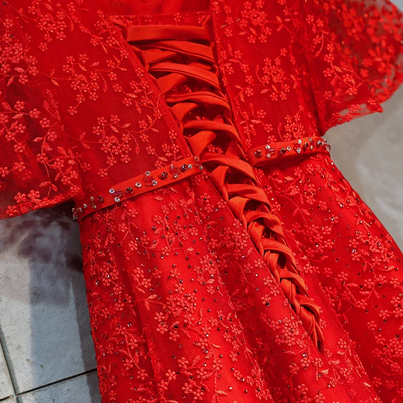Sexy V-Neck Evening Dress Elegant Robe De Soiree A-line Short Sleeve Red Lace Dresses Long 2019 Vestido Festa |
