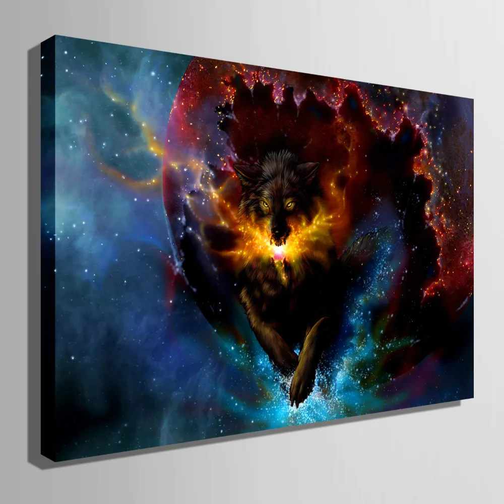 Растянутый Холст принты фантастические волк светодиодный мигает оптического