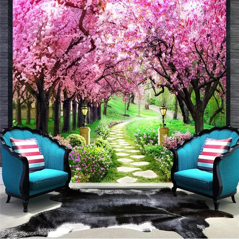 Sakura forest garden path landscape painting wall professional production mural wholesale wallpaper poster photo |