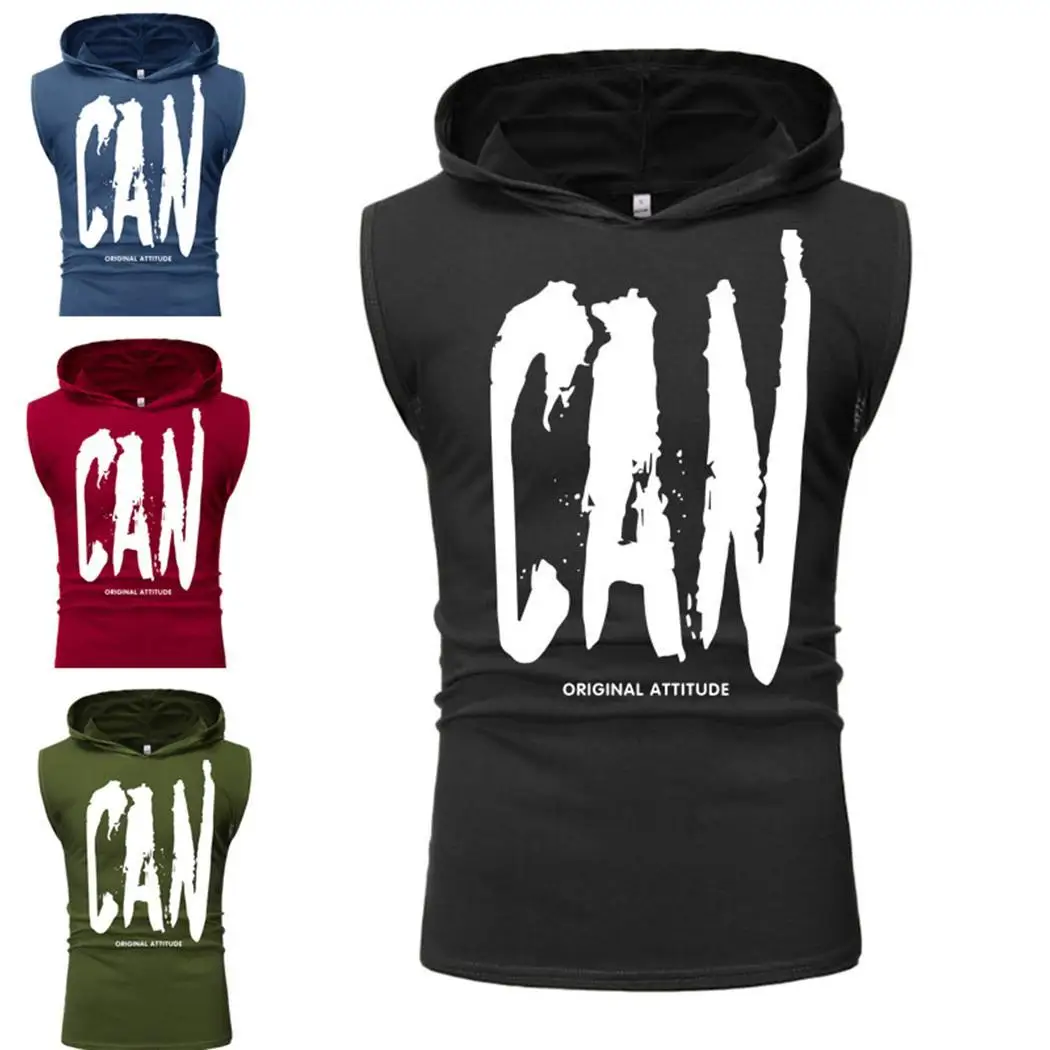 Men Casual Hooded Neck Sleeveless Letter Summer Print Red Green Blue Black Pullover Vest Top | Мужская одежда