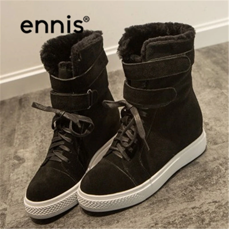 ENNIS/ г., Дамская зимняя обувь замшевые ботильоны на платформе с поперечными ремешками и натуральным овечьим мехом Новые дизайнерские женские зимние ботинки, A7226