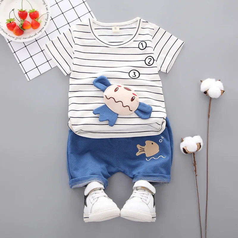 Baby Boy Casual Kids Clothing Sets 2019 Summer Cartoon Stripe infantil Tops TShirt + Shorts Pants Suits Children's Contume | Детская
