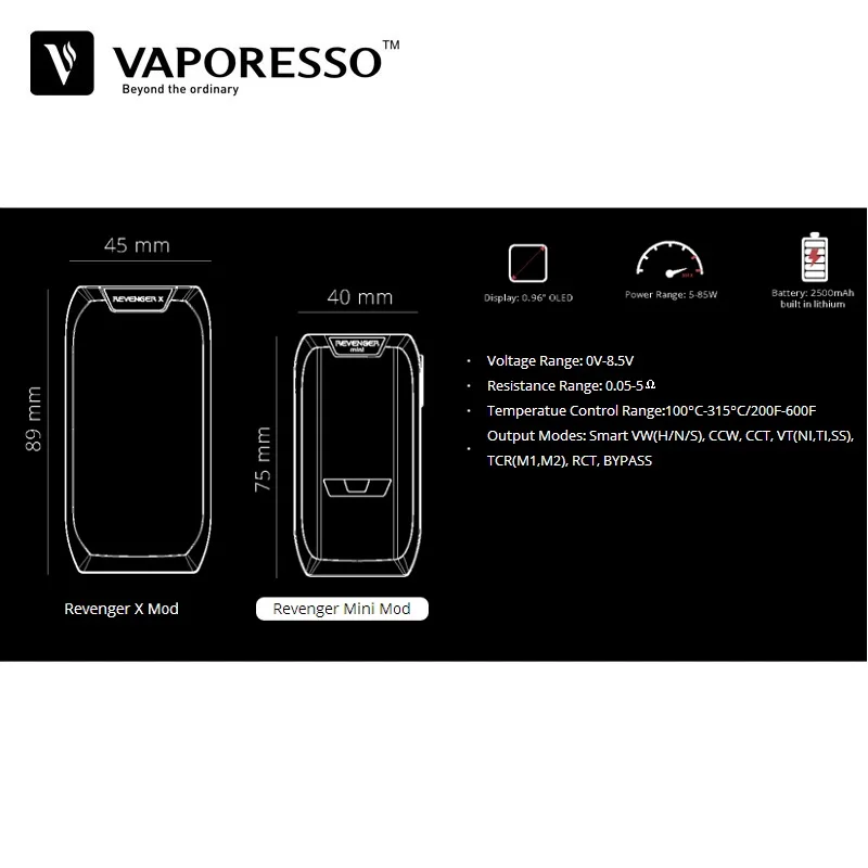 Оригинальный Vaporesso Мститель Mini Kit 2500 мАч 85 Вт поле Mod с 3 5 мл Vape Танк GT сотовый