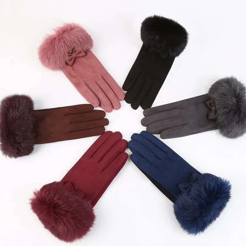 

VISNXGI Fashion Suede Women Warm Gloves Winter Warm Driving Soft Wrist Bow Ski Gloves Female Mittens Guantes Mujer High Quality
