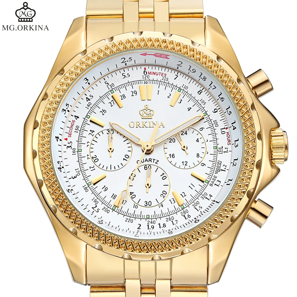 ORKINA часы Мужские кварцевые корпус из нержавеющей стали белый циферблат золотые