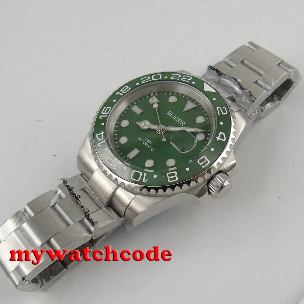 40 мм Bliger зеленый циферблат синие светящиеся знаки GMT зеркальные автоматические