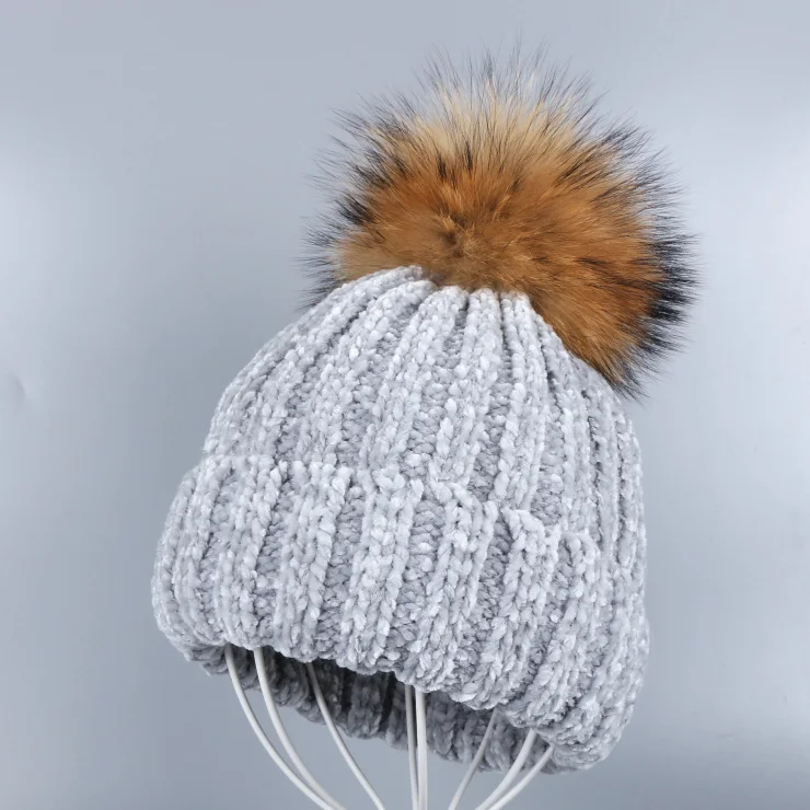 Mink Pom gtay hat Новые женские зимние шапки из синели, помпоны из натурального меха лисы и норки, винтажные повседневные шапочки в полоску с помпонами - Цвет: Mink Pom gtay hat