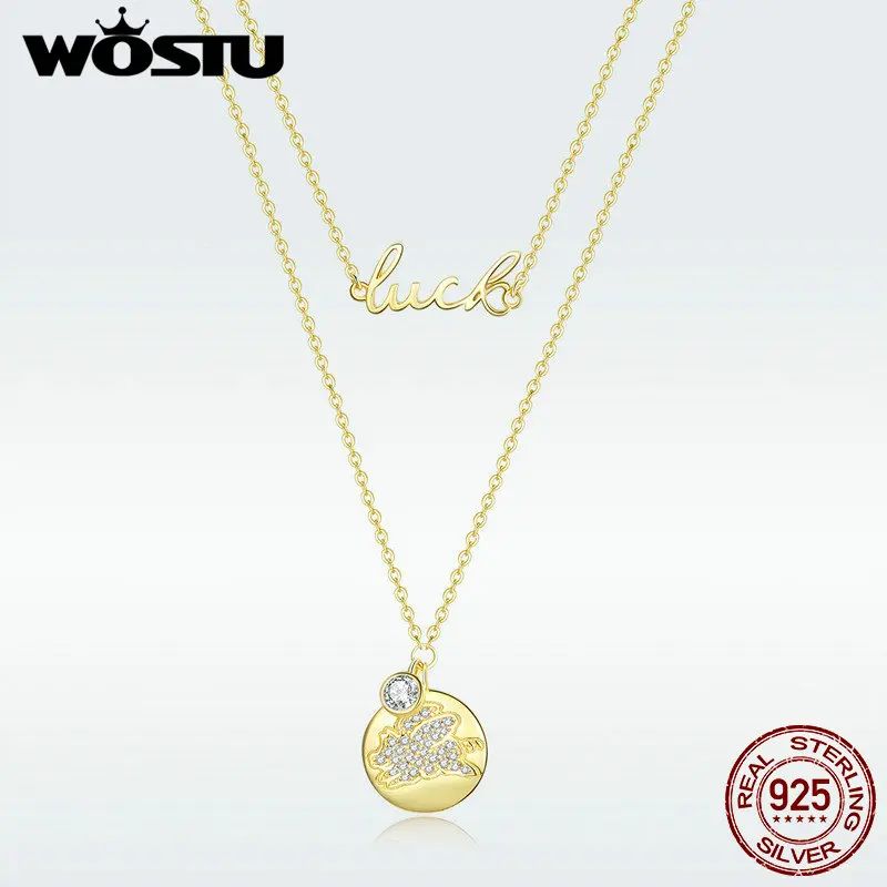 WOSTU 100% стерлинговое серебро 925 пробы золотой цвет двойная цепочка ожерелья циркон