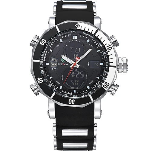 Black WEIDE Мужские Наручные Часы ЖКД Будильник Резиновый Ремешок Кварцевый Механизм Задняя Подсветка Секундомер Автоматическая Дата Двойной Дисплей Хронограф Цифровые Спортивные Электронные Армейские Часы - Цвет: Black