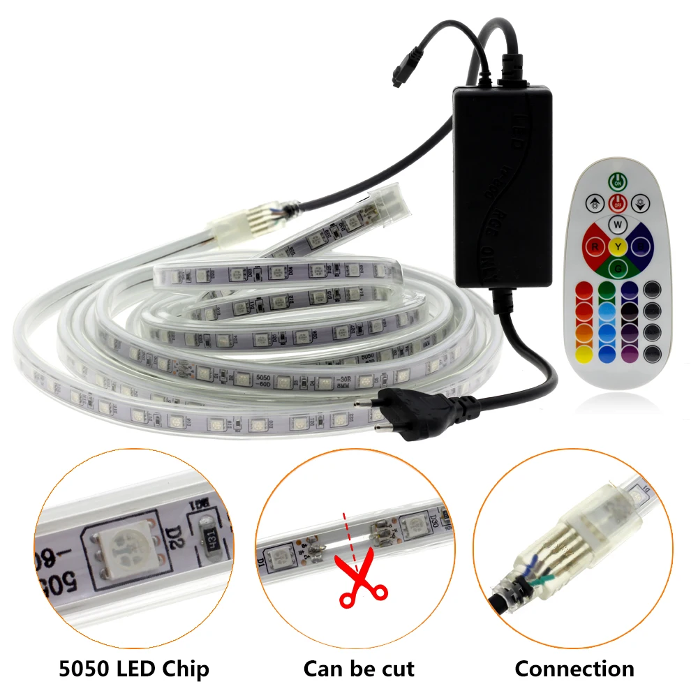 220 В RGB Светодиодная лента 5050 RGB Цвет сменный с 24-кнопочным пультом дистанционного управления Водонепроницаемый для наружного использования гибкая светодиодная лента