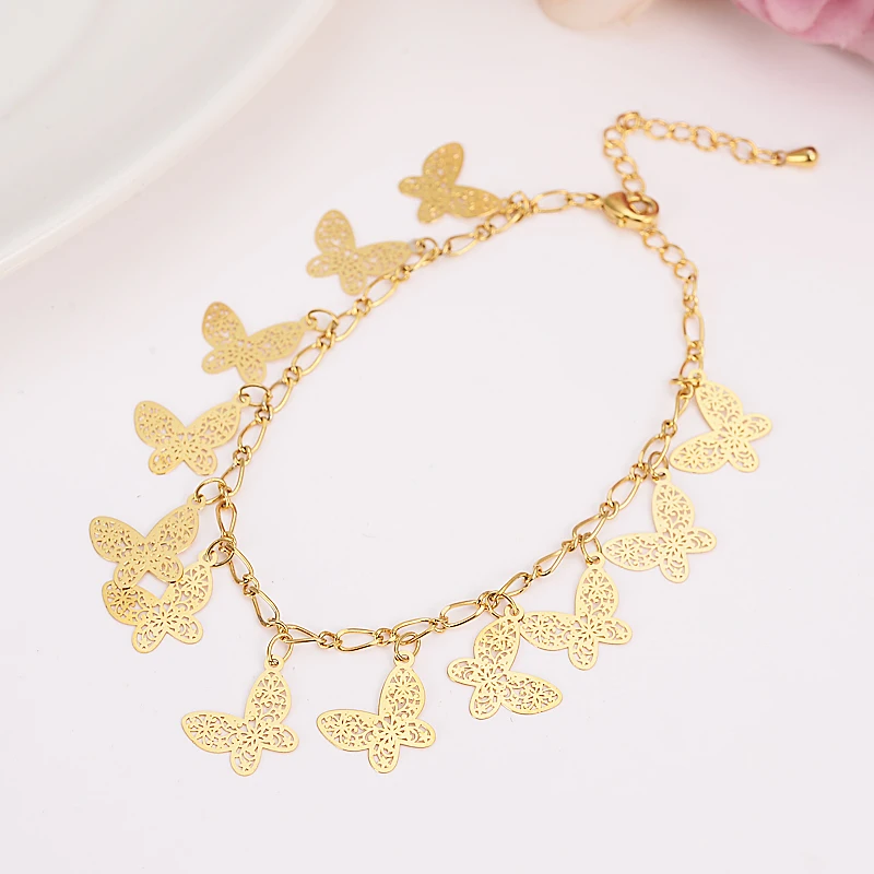 

25cm length gold ColorCharm Bracelet Bangle with love butterfly Pendant Women Wedding Valentine's Day Gift gold jewelry anklet