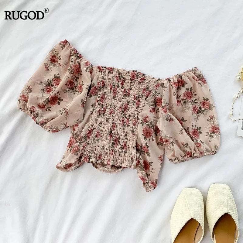 Женская блузка с цветочным принтом RUGOD шифоновая короткая открытыми плечами во