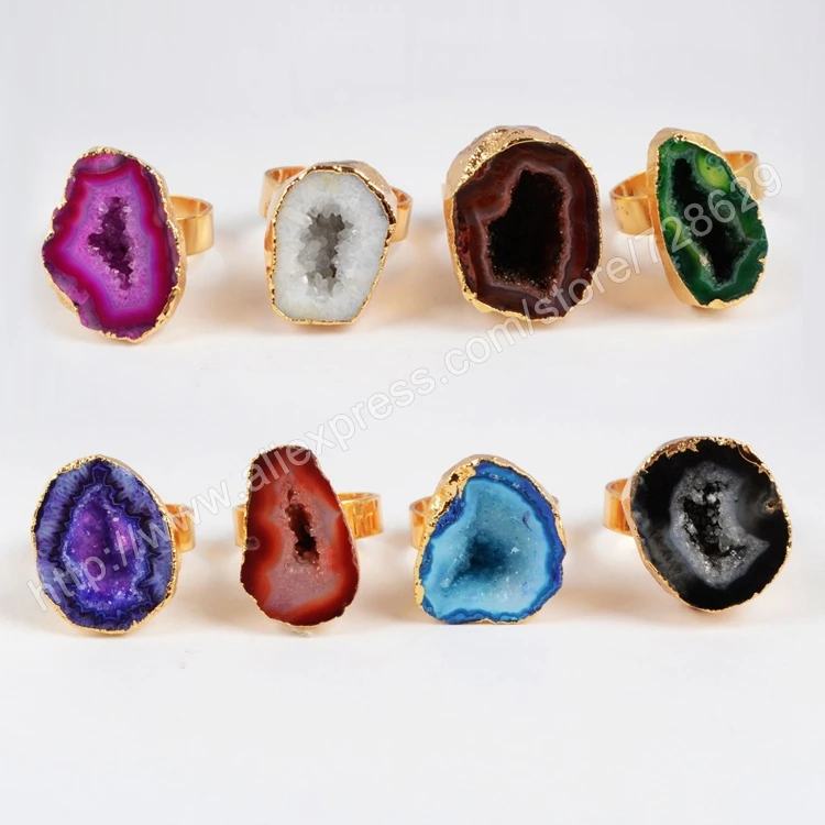 BOROSA 5pcs Dyed Colors Natural Agates Druzy Geode Ring Freeform Cave Small Drusy Gold Band Rings Gems Jewelry G0140 | Украшения и