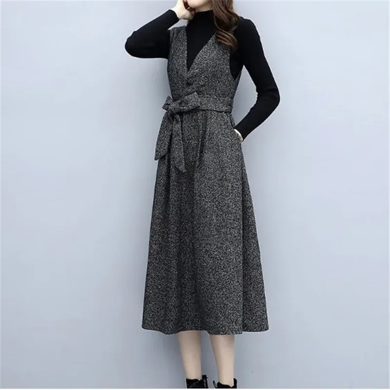Female plus size suit 2019 spring autumn new retro strap dress + Knitted tops 2-piece fashion casual women clothing with belt |