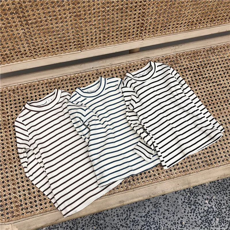 Осенне зимние модные хлопковые футболки в полоску для маленьких мальчиков