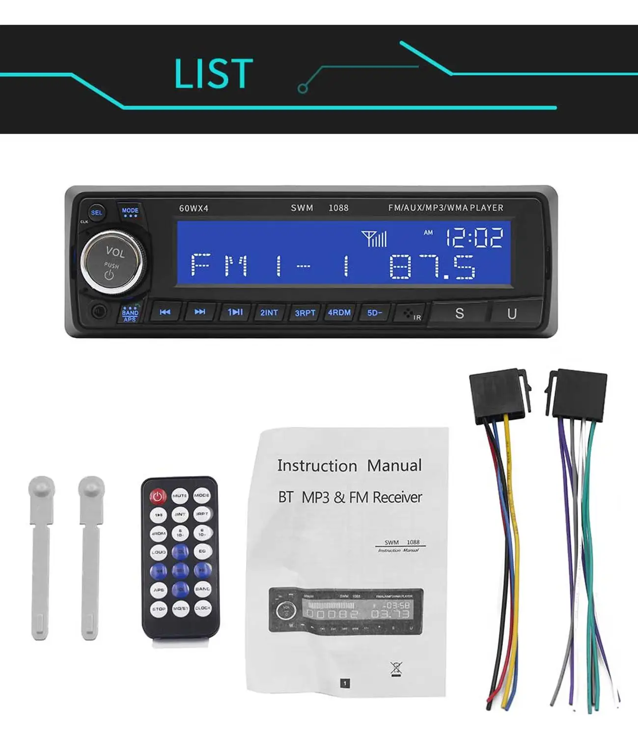 Автомобильный стерео MP3-плеер SWM 1088 1 Din ЖК-дисплей FM-радио Bluetooth U-диск RCA AUX USB