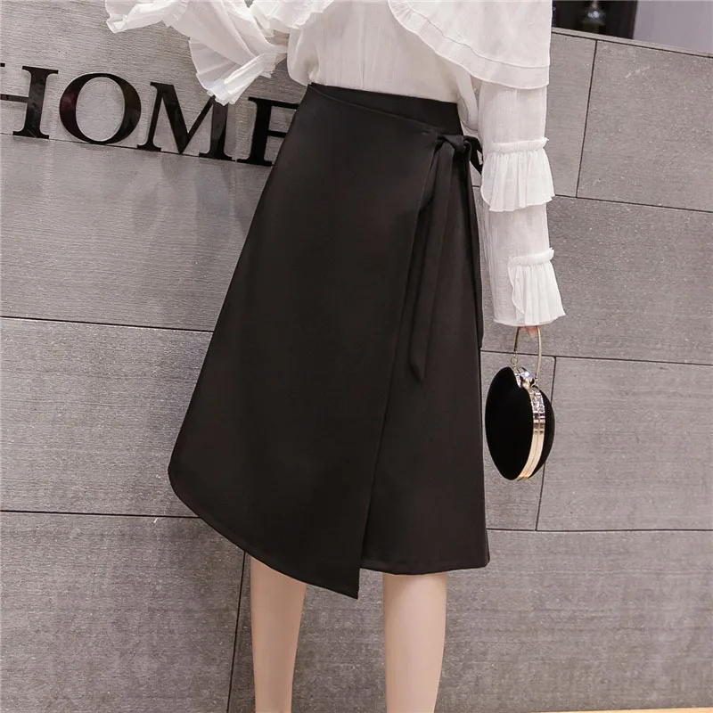 black New Fashion Midi Skirts Womens Spring High Waist Lace up Skirt Harajuku Elegant Plus Size Ladies Skirts jupe femme faldas - Цвет: black