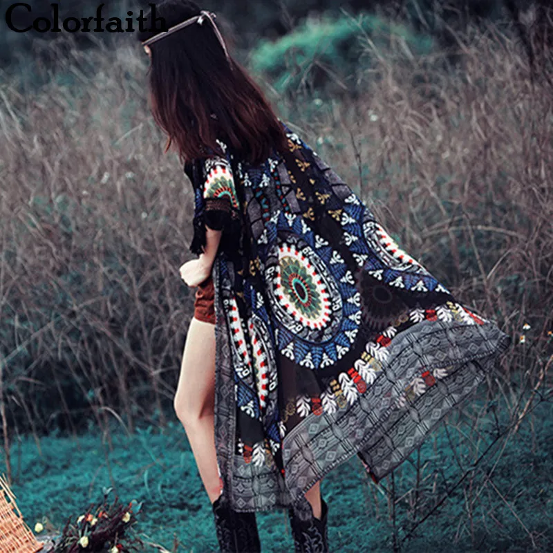 Colorfaith Fashion 2021 винтажный кардиган кимоно с этническими кисточками женские топы
