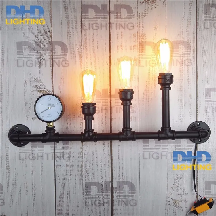 3 lights iron black pipe wall lamp vintage industrial water with gauge E27 fiting lighting sconce | Освещение