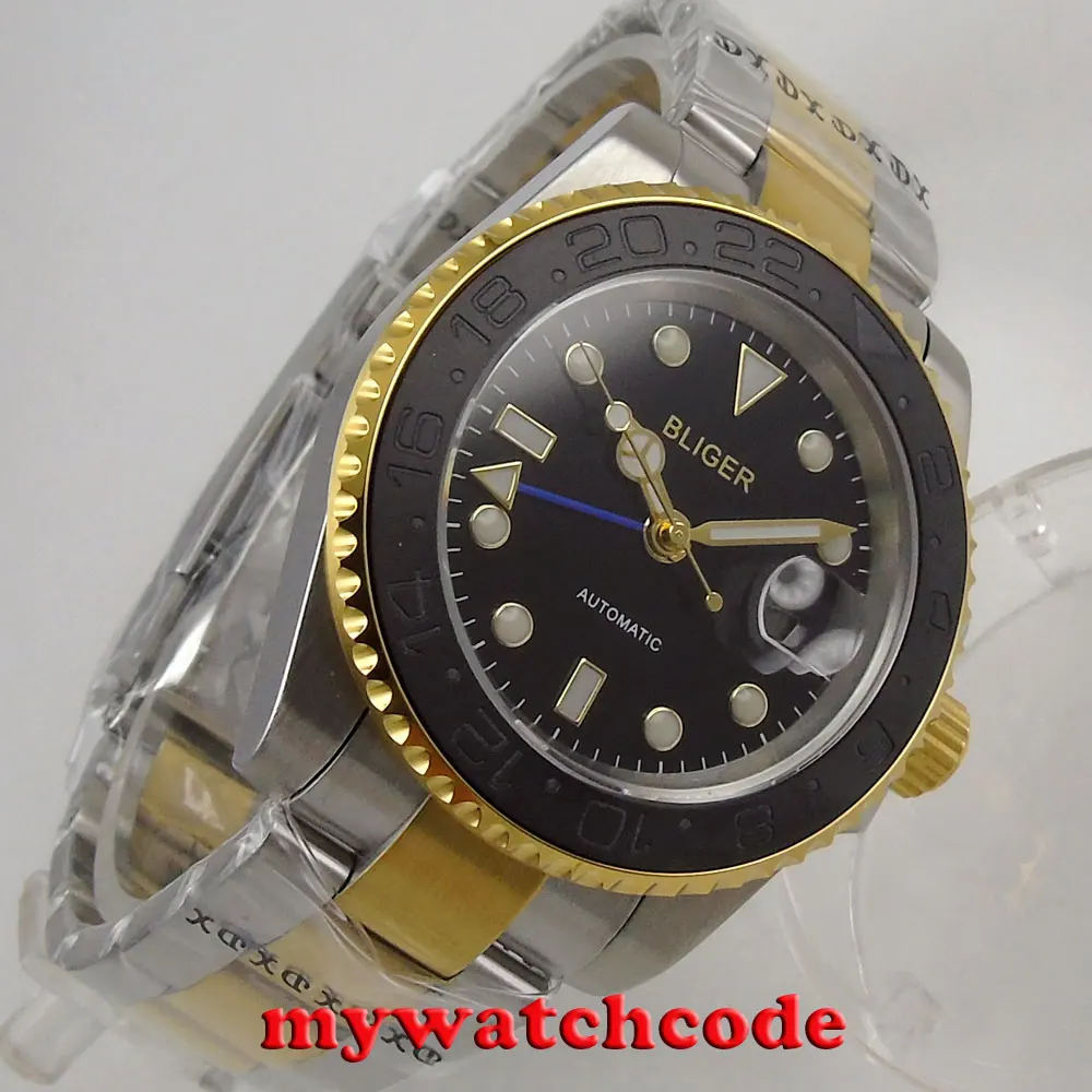 

40mm bliger black dial ceramic bezel sapphire glass GMT date auto mens watch 212