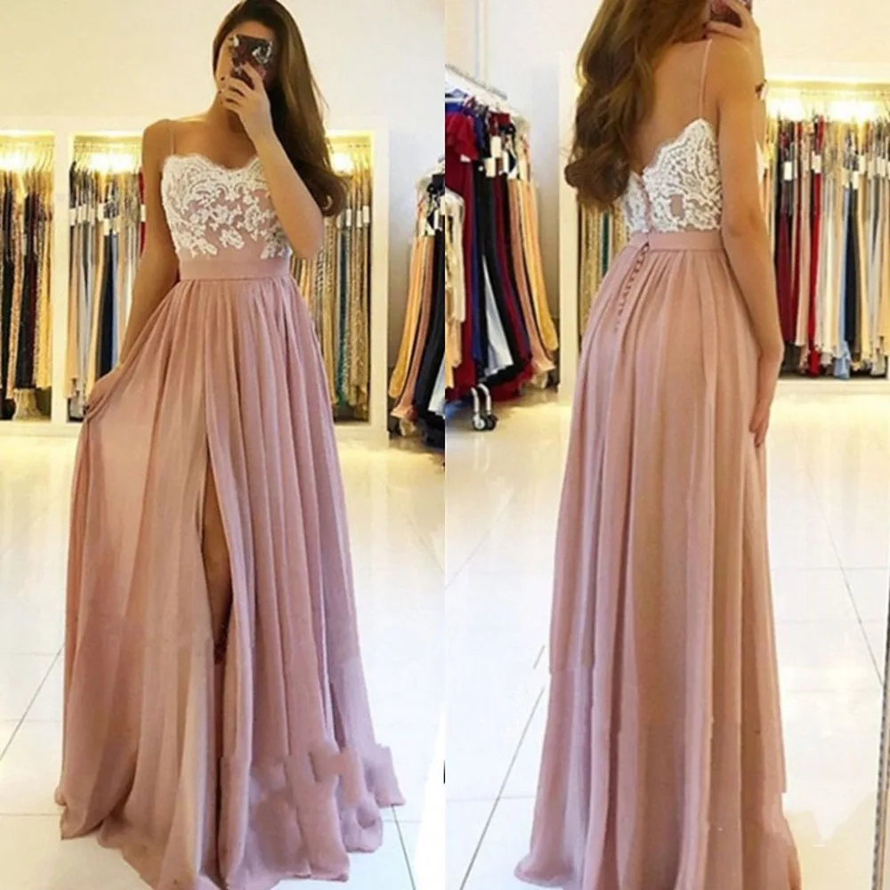 

2019 Pink Lace appliques Evening Dress Slit side Spaghetti straps Party Dress Custom made Sexy Chiffon