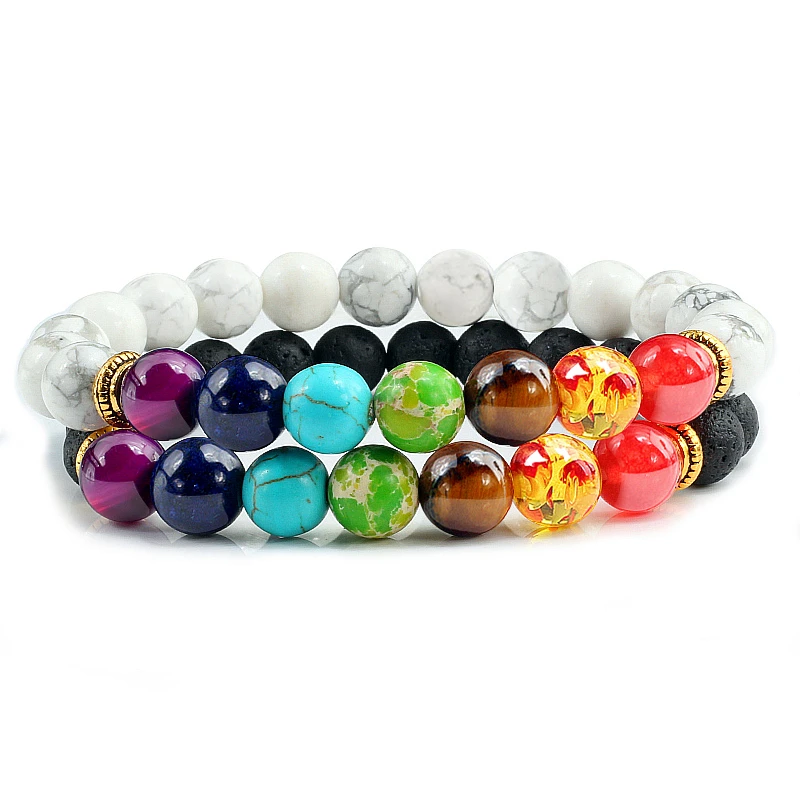 

2 Pcs/set 7 Chakra Bracelets Couple Distance Black Lava Stone Beads Yoga Bracelet Reiki Charm Jewelry Gift for Women Men Lovers