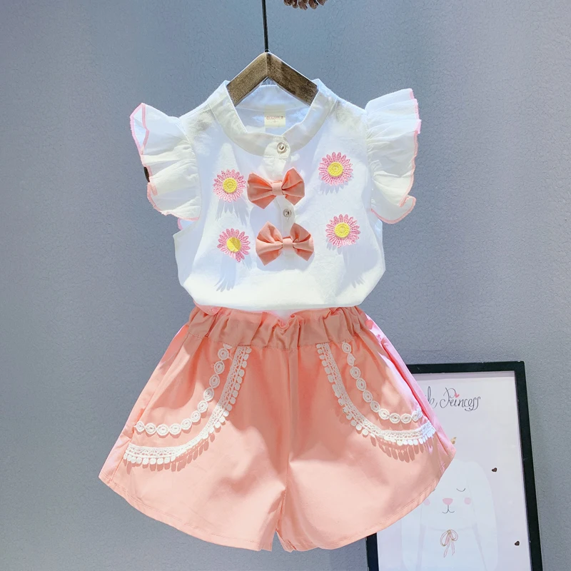 Комплект летней одежды для девочек хлопковый жилет с круглым вырезом и цветочным