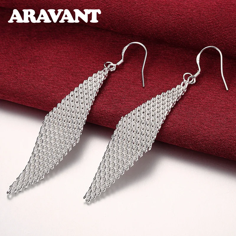 

925 Silver Weave Long Drop Earrings For Women Wedding Jewelry Gift