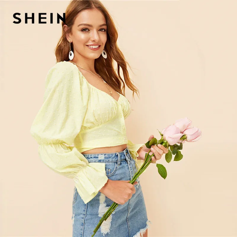 SHEIN Укороченный Топ С Открытой Спиной И Глубоким Вырезом, Блузка С Оригинальными Рукавами
