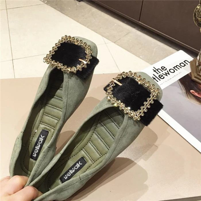 Wellwalk Crystal Buckle Ballerinas Ladies Flat Casual Shoes Women Square Toe Moccasins Mixed Color Ballet Flats Female Loafers