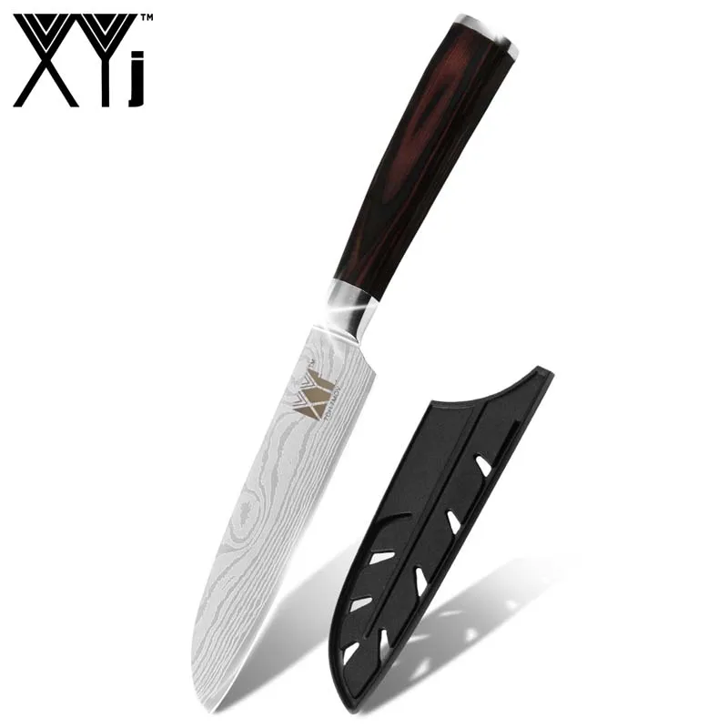 E.5 inch Santoku XYj Дамасские вены кухонные ножи столовые приборы из нержавеющей стали набор ножей инструменты цвет деревянной ручкой аксессуары для приготовления пищи Подарочные чехлы - Цвет: E.5 inch Santoku