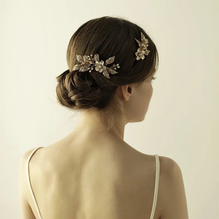 

Set of 2 Gold Leaf Bridal Headpieces Clip Wedding Hair Accessories For Bride Flower Comb Hair Jewelry Bijoux Cheveux WIGO1113