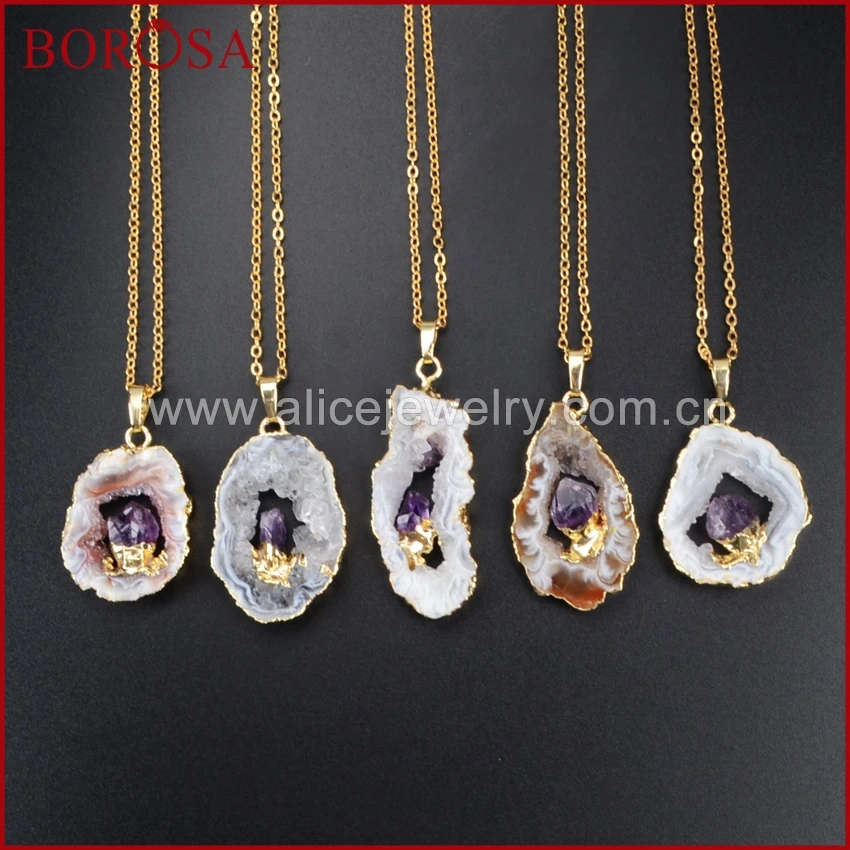 

BOROSA, золотой цвет, свободная форма, натуральный оникс, друза, кристалл, кулон, инкрустация, ожерелье с фиолетовыми стразами с 16 дюймовыми цепями