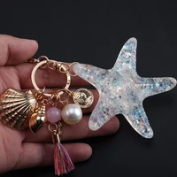 komi hot new cartoon sea world starfish pearl shell keychain key chain keyring crystal pendant keychain women gift a40417